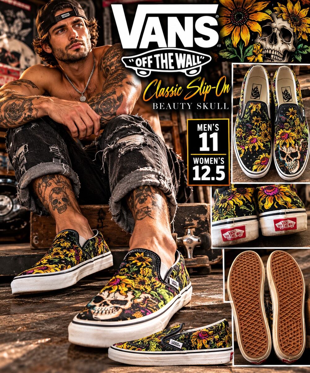 Vans Beauty Skull Sunflower Classic Slip On Men 11 Women 12.5 Goth Floral